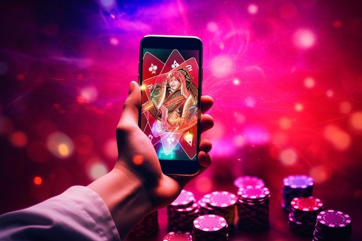 Tampilan meja live dealer dengan kartu dan chip kasino